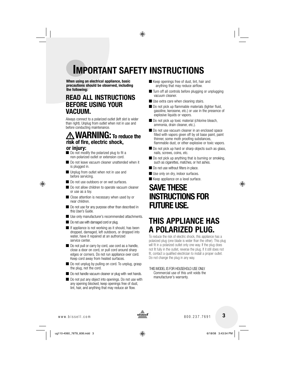 Mportant safety instructions, Warning, Read all instructions before using your vacuum | Bissell 76T8 User Manual | Page 3 / 12