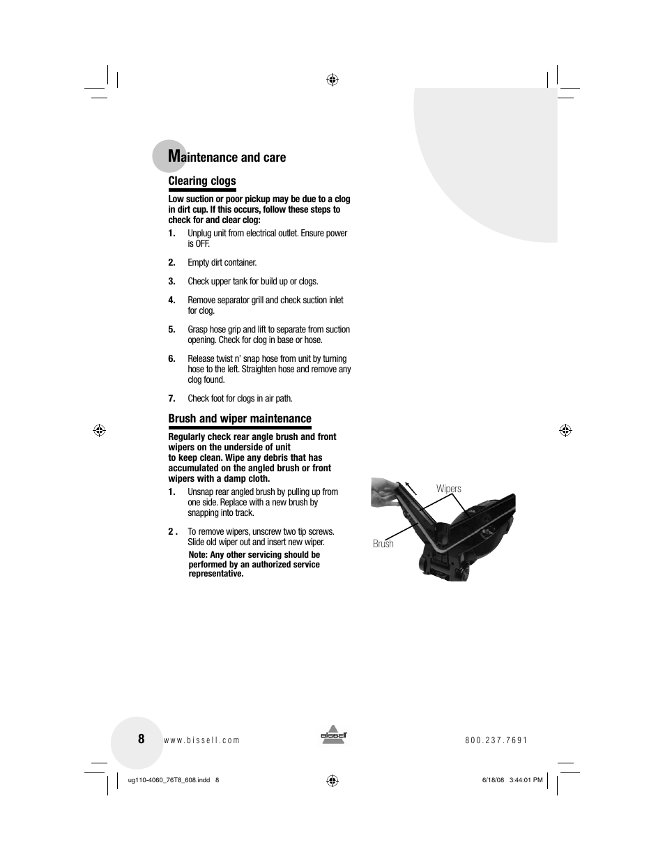 Aintenance and care | Bissell 76T8 User Manual | Page 8 / 12