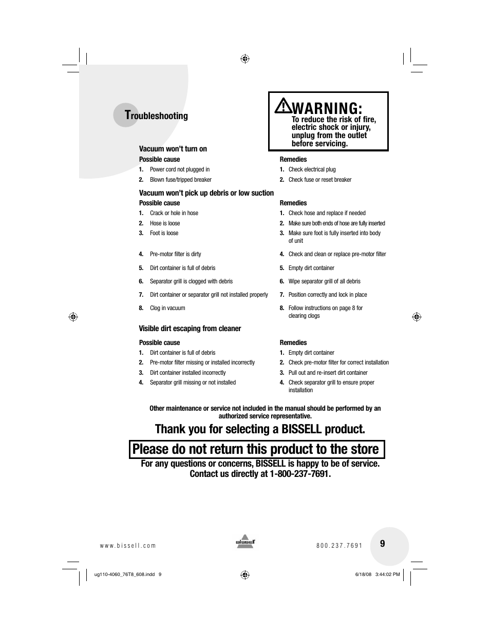 Warning, Please do not return this product to the store, Roubleshooting | Bissell 76T8 User Manual | Page 9 / 12