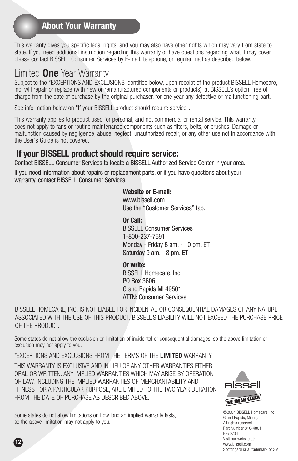 Limited one year warranty, About your warranty, If your bissell product should require service | Bissell PowerLifter 1694 series User Manual | Page 12 / 12