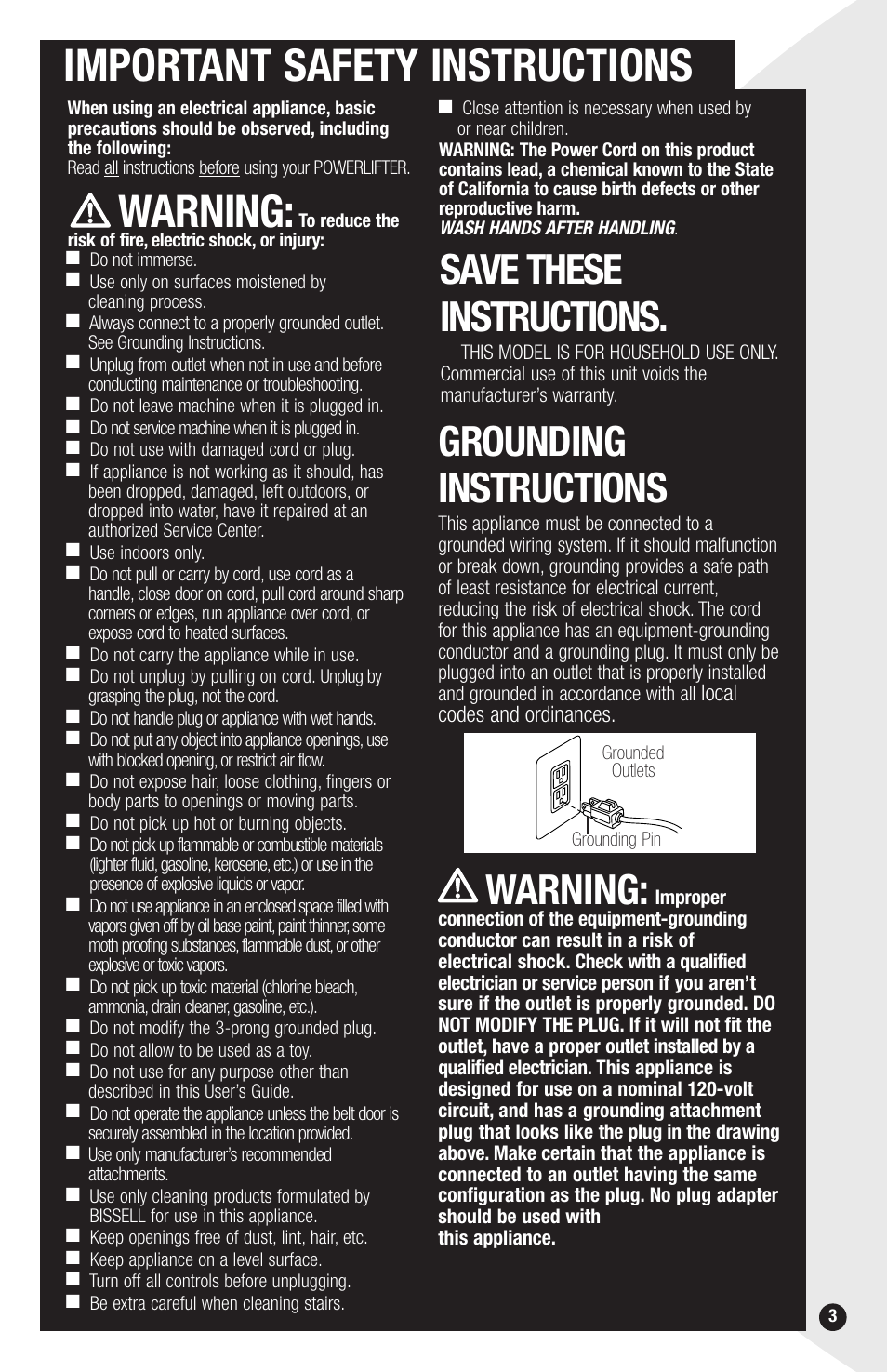 Important safety instructions, Warning, Save these instructions | Grounding instructions | Bissell PowerLifter 1694 series User Manual | Page 3 / 12