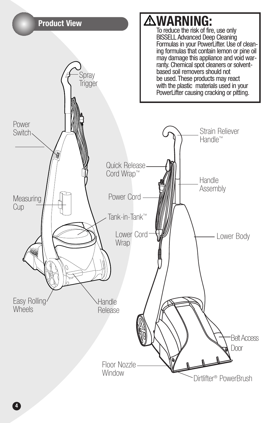 Warning, Product view, Dirtlifter | Lower cord wrap strain reliever handle | Bissell PowerLifter 1694 series User Manual | Page 4 / 12