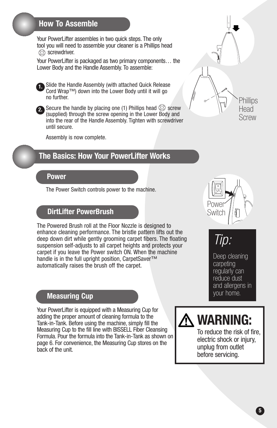 Warning, How to assemble, The basics: how your powerlifter works | Phillips head screw, Power switch | Bissell PowerLifter 1694 series User Manual | Page 5 / 12