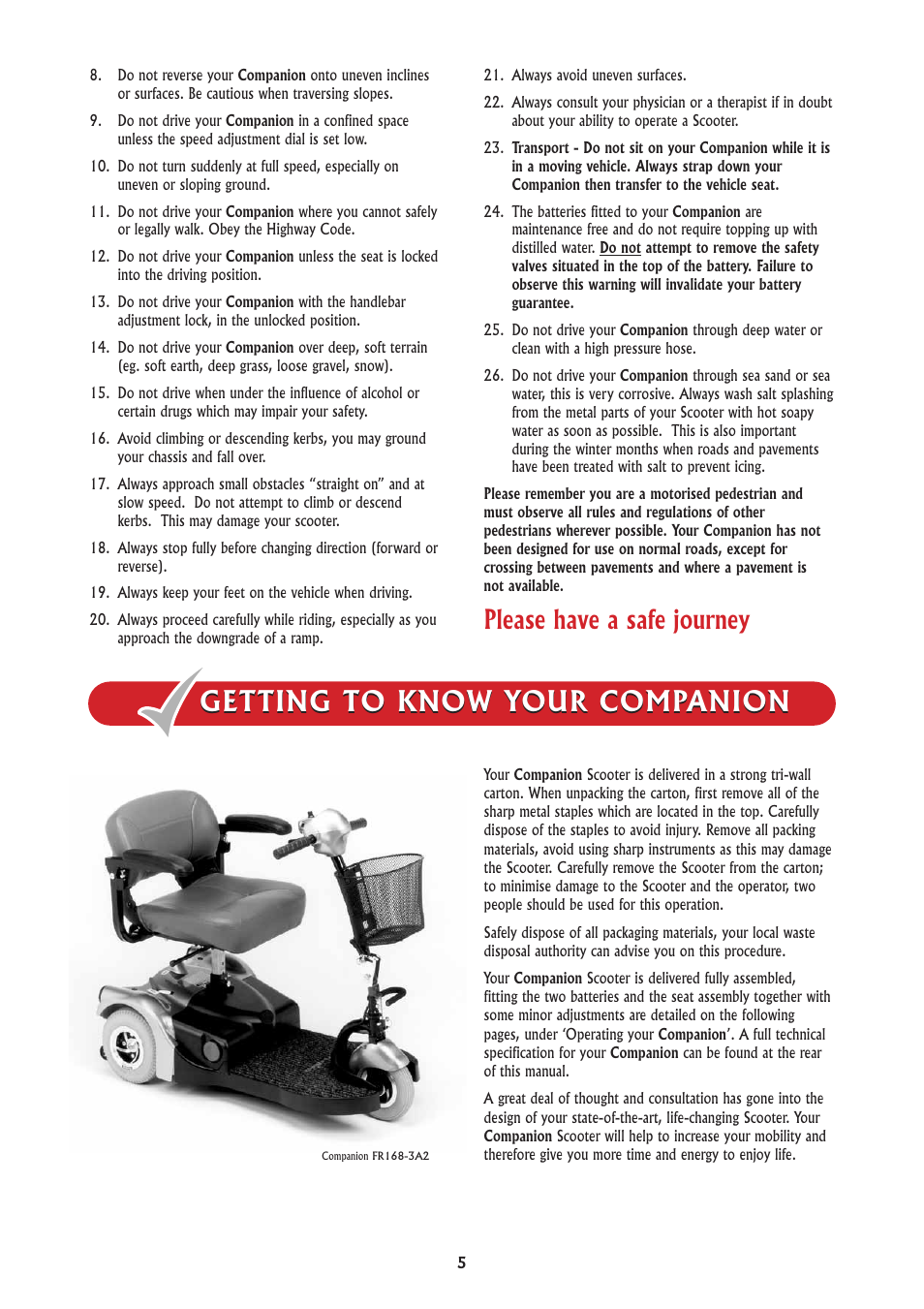 Getting to know your companion, Please have a safe journey | Freerider FR168-3A2/Companion User Manual | Page 5 / 40