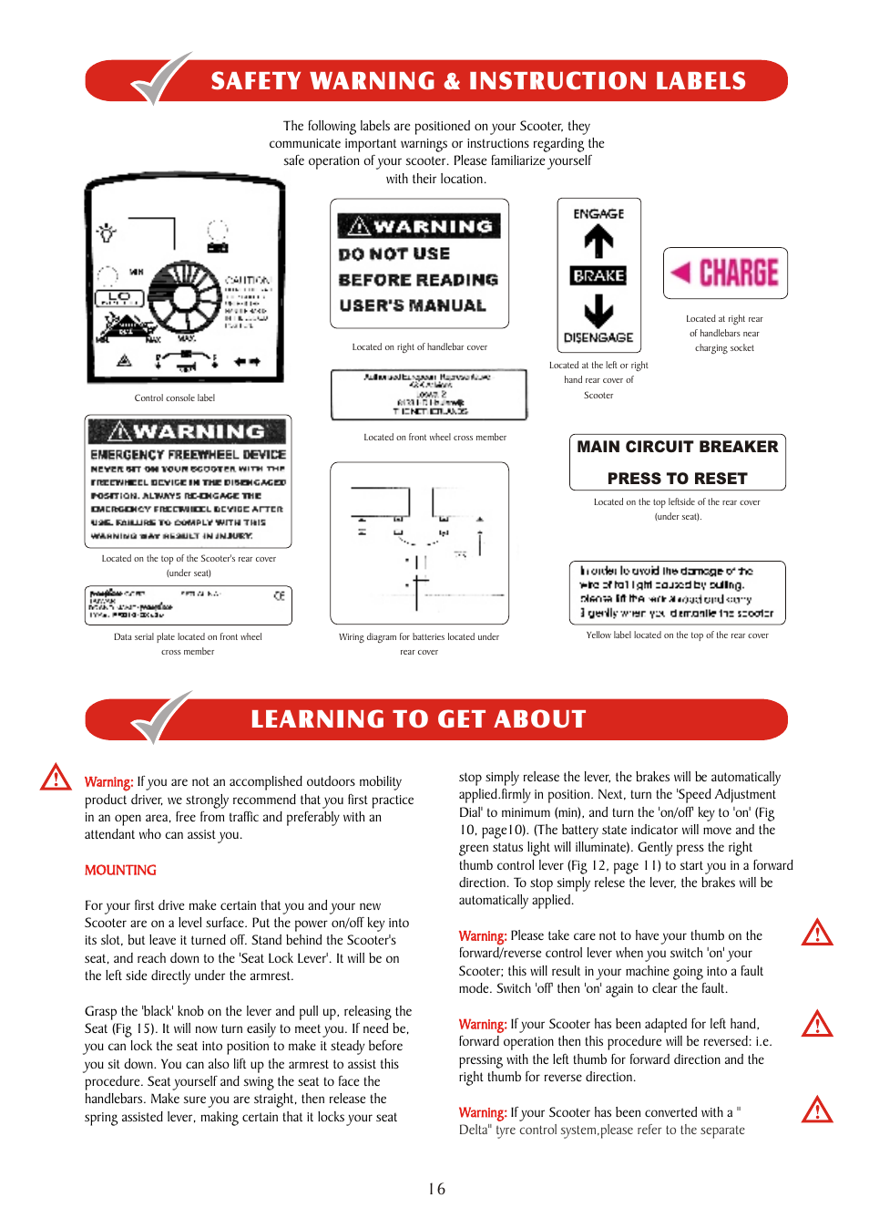 Safety warning & instruction labels, Learning to get about | Freerider FR510DXs2b(D,Land Ranger S) User Manual | Page 16 / 44