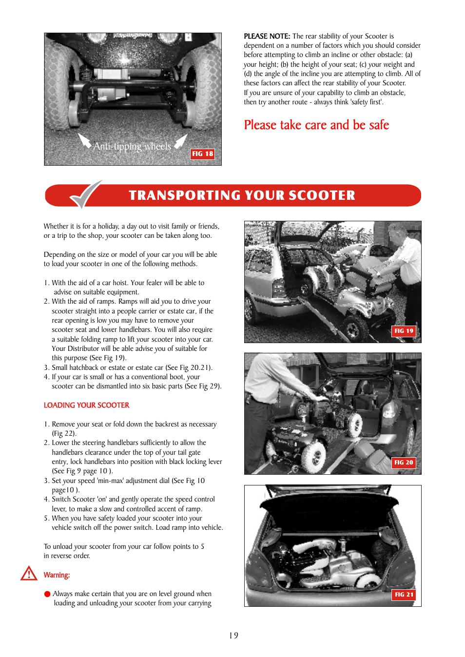 Please take care and be safe, Transporting your scooter, Anti-tipping wheels | Freerider FR510DXs2b(D,Land Ranger S) User Manual | Page 19 / 44