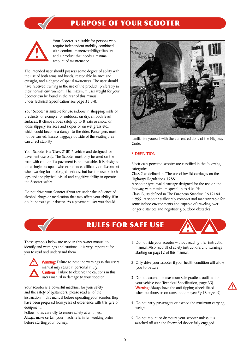 Purpose of your scooter, Rules for safe use | Freerider FR510DXs2b(D,Land Ranger S) User Manual | Page 5 / 44