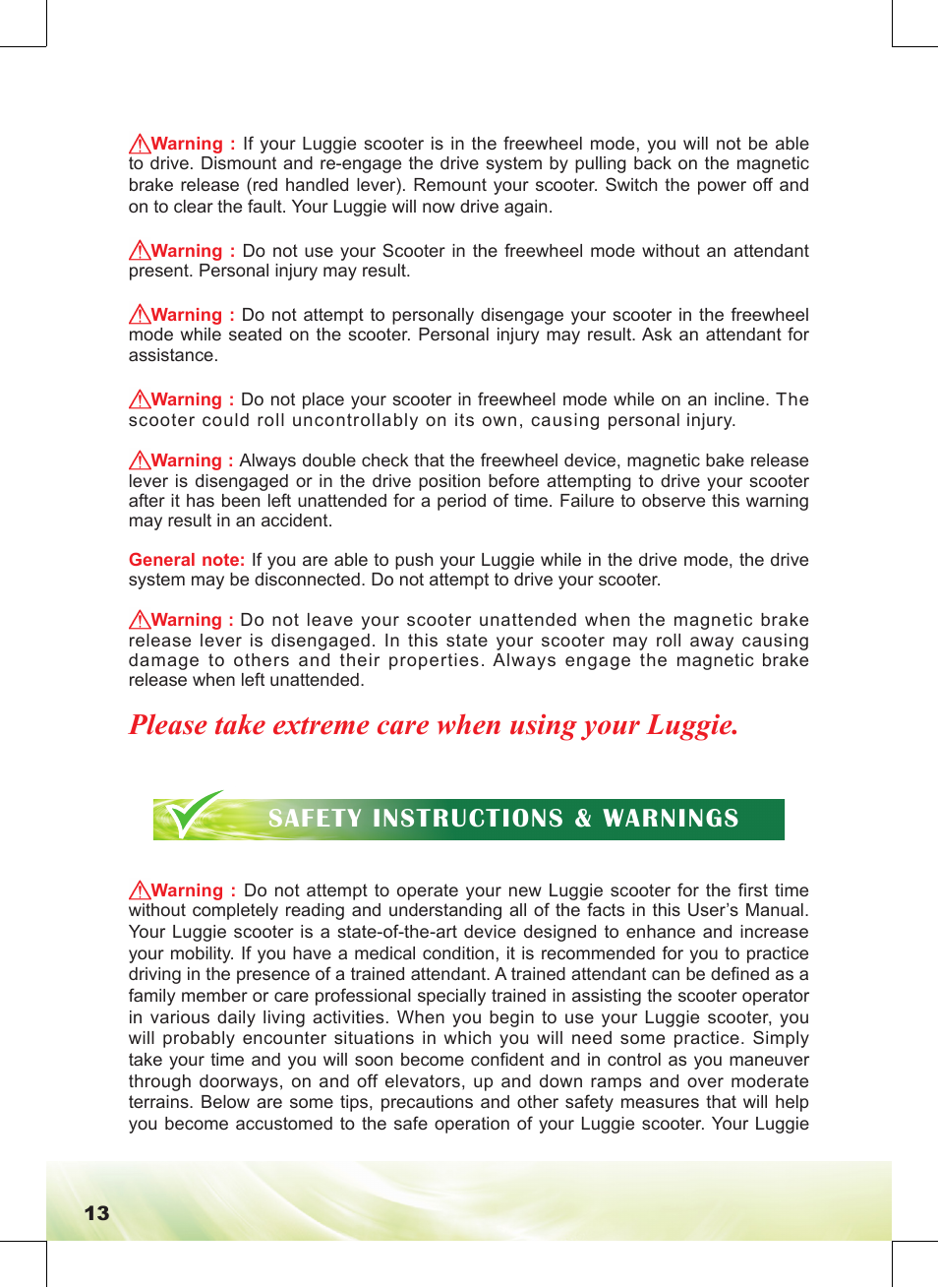Please take extreme care when using your luggie, Safety instructions & warnings | Freerider FR168-4IT/Luggie User Manual | Page 14 / 48