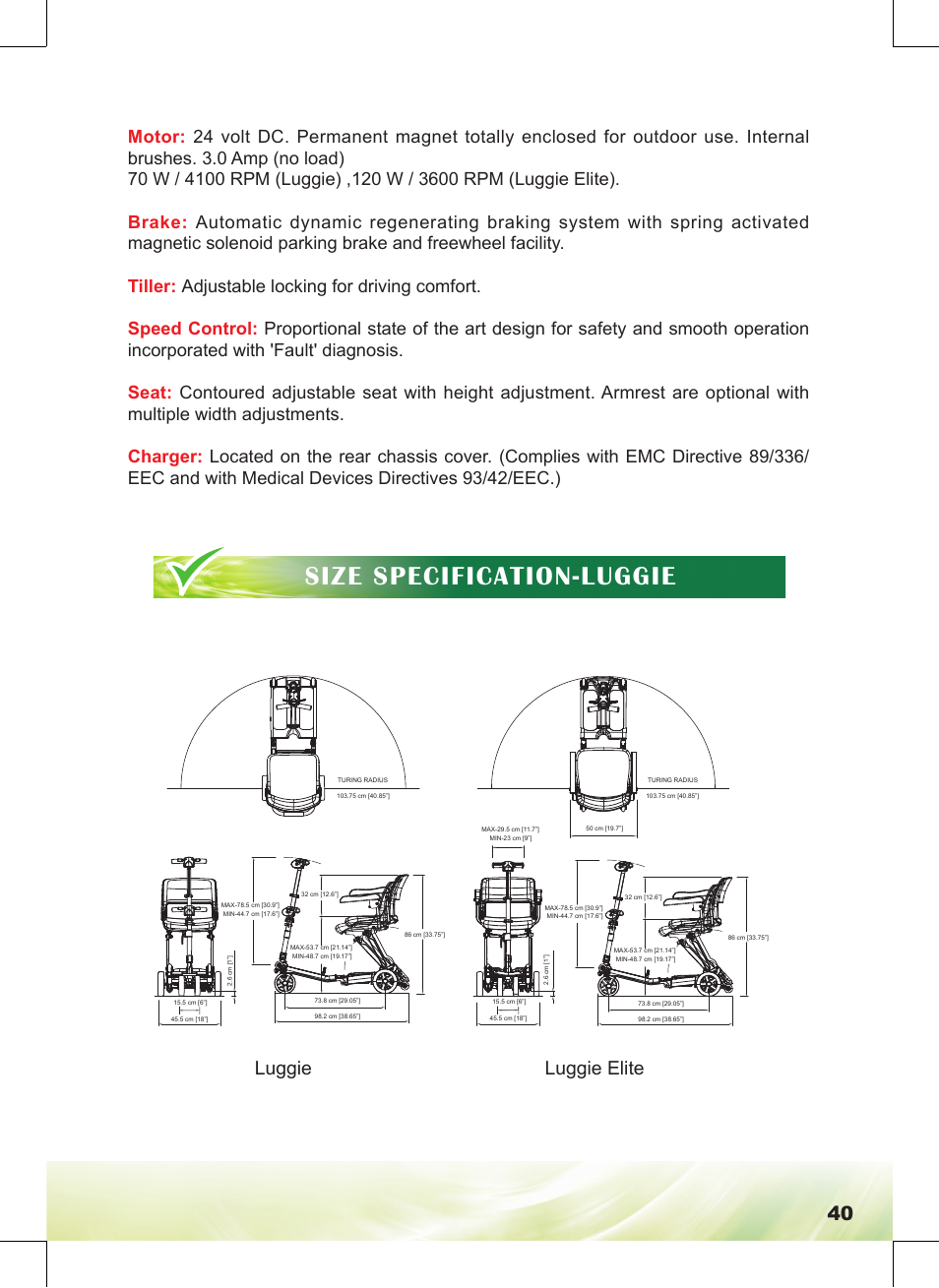 Size specification-luggie, Luggie luggie elite | Freerider FR168-4IT/Luggie User Manual | Page 41 / 48