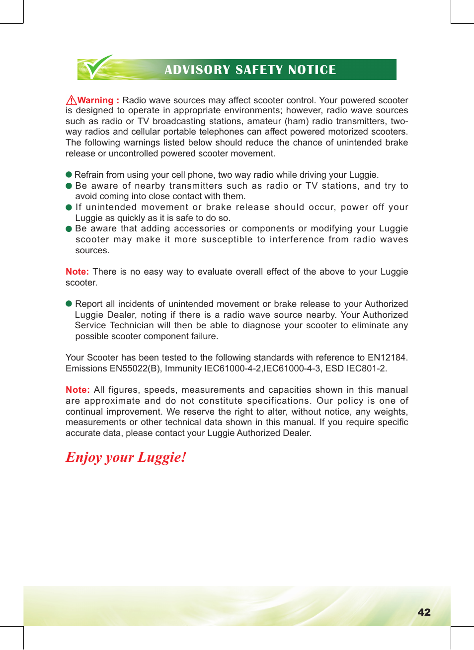 Enjoy your luggie, Advisory safety notice | Freerider FR168-4IT/Luggie User Manual | Page 43 / 48