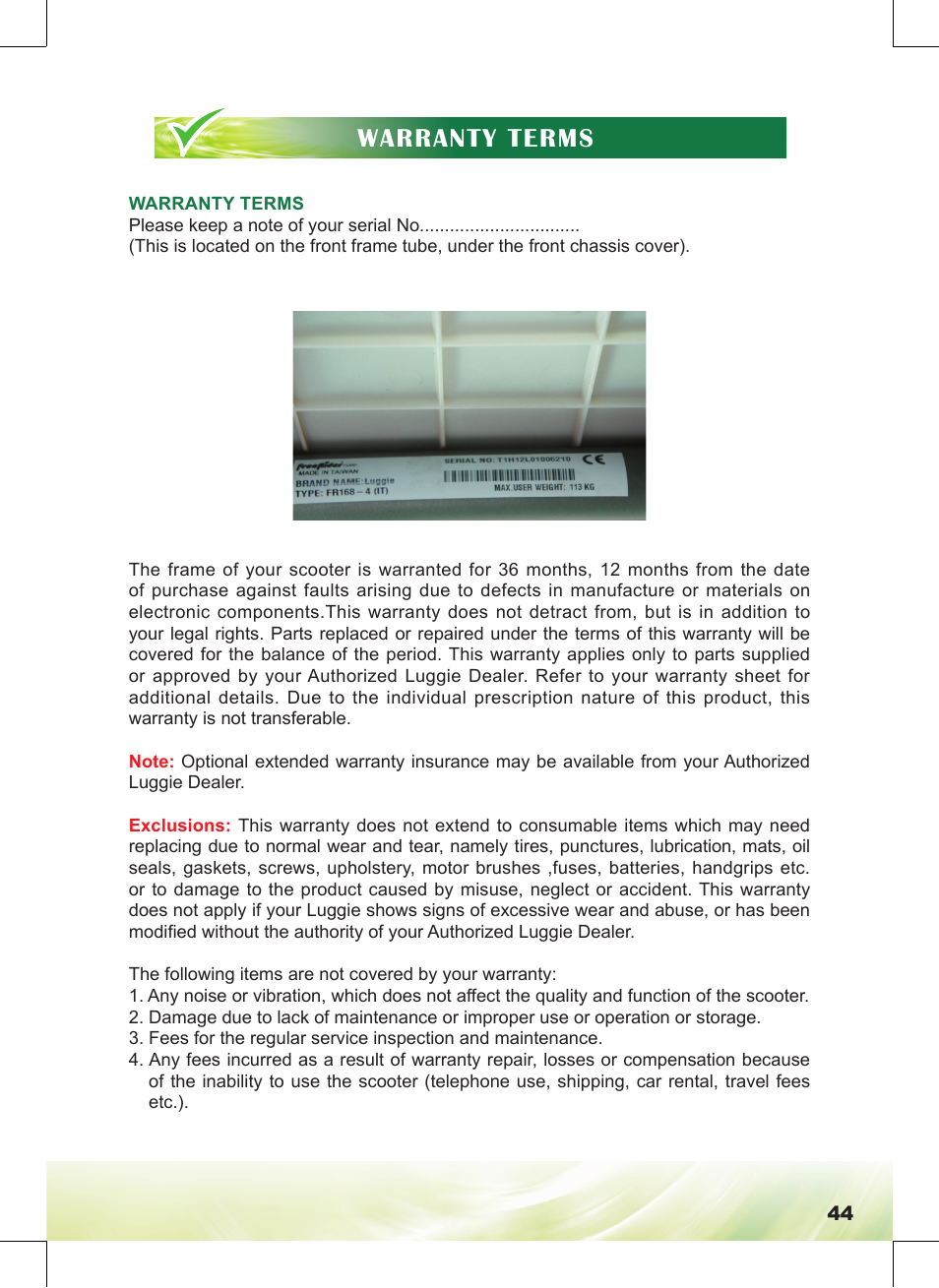 Warranty terms | Freerider FR168-4IT/Luggie User Manual | Page 45 / 48