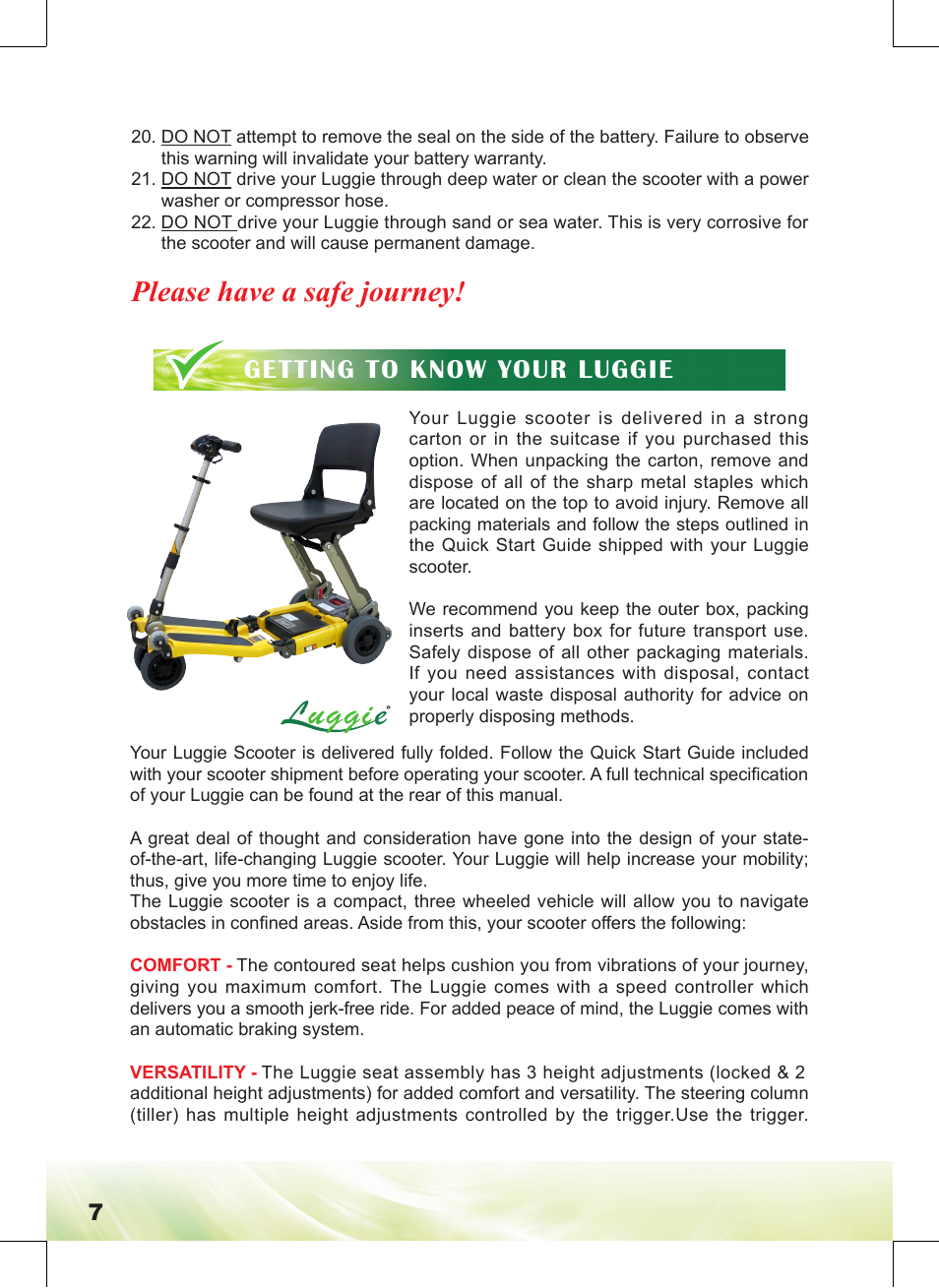 Please have a safe journey, Getting to know your luggie | Freerider FR168-4IT/Luggie User Manual | Page 8 / 48