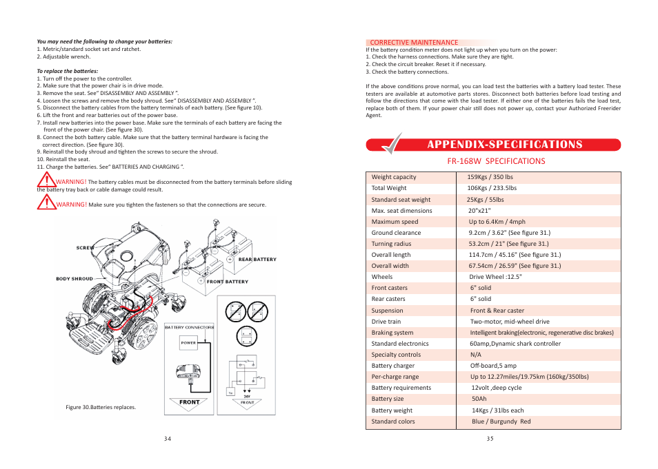 Appendix-specifications, Fr-168w specifications | Freerider FR168W User Manual | Page 18 / 21