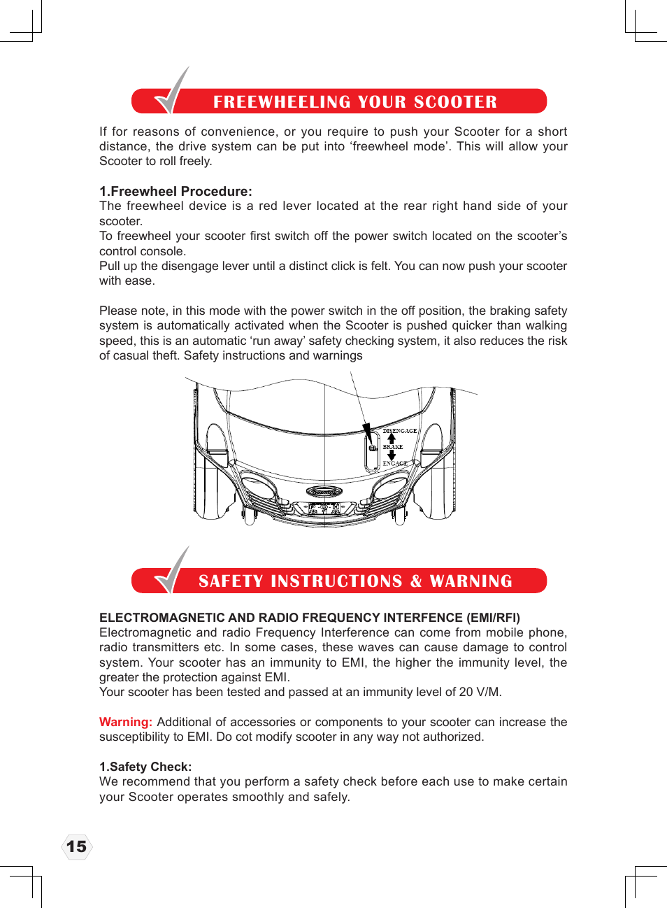 Freewheeling your scooter, Safety instructions & warning | Freerider FR1 User Manual | Page 16 / 32