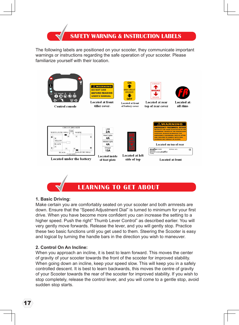 Learning to get about, Safety warning & instruction labels | Freerider FR1 User Manual | Page 18 / 32