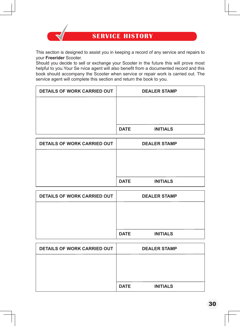 Service history | Freerider FR1 User Manual | Page 31 / 32