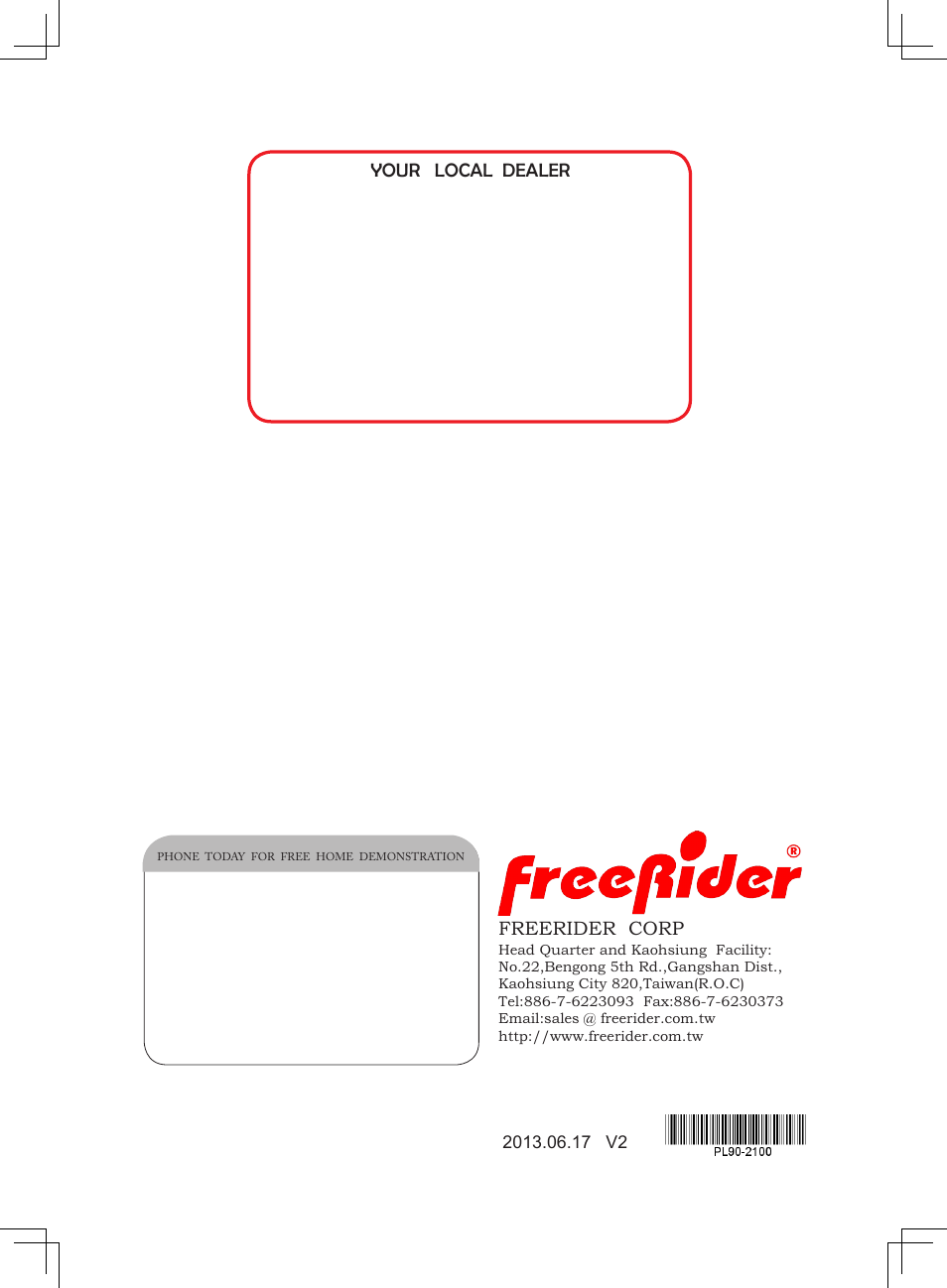 Your local dealer, Freerider corp | Freerider FR1 User Manual | Page 32 / 32