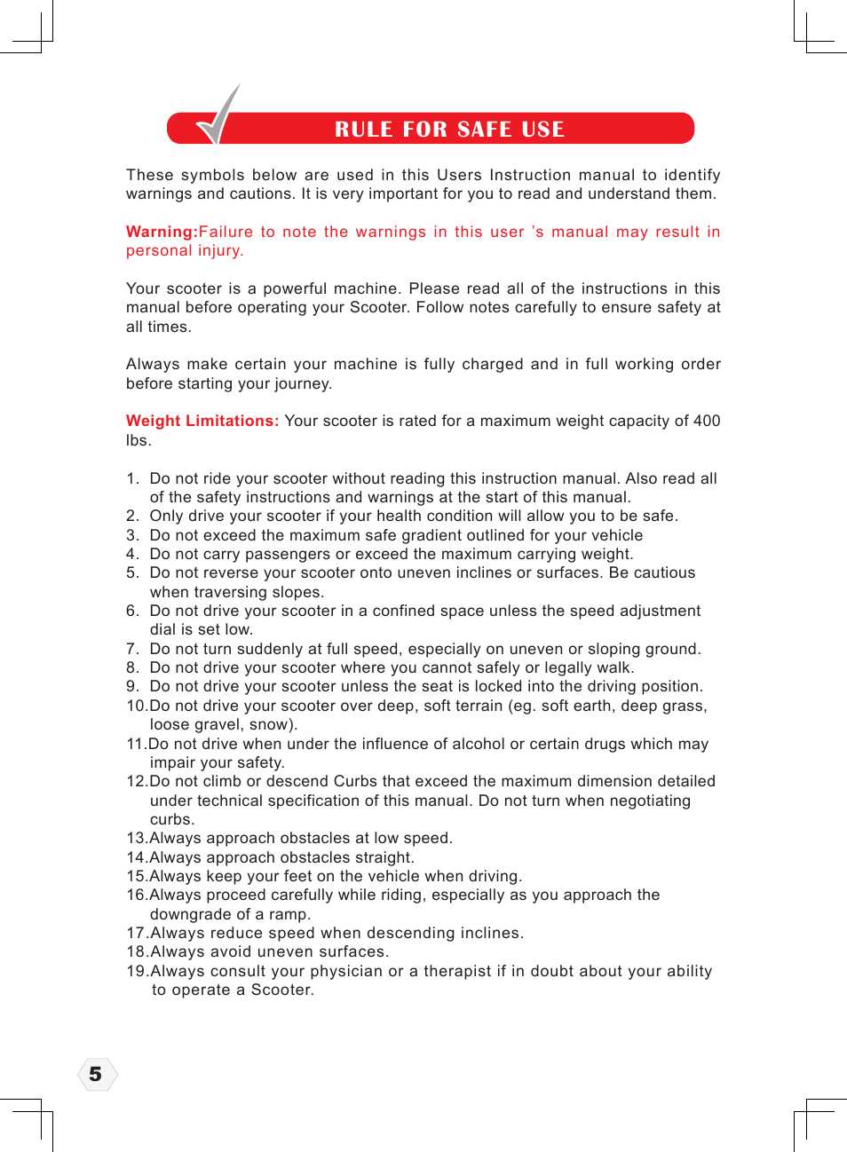 Rule for safe use | Freerider FR1 User Manual | Page 6 / 32