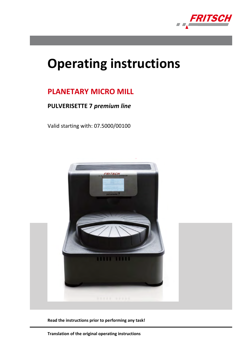 FRITSCH PULVERISETTE 7 premium line User Manual | 112 pages