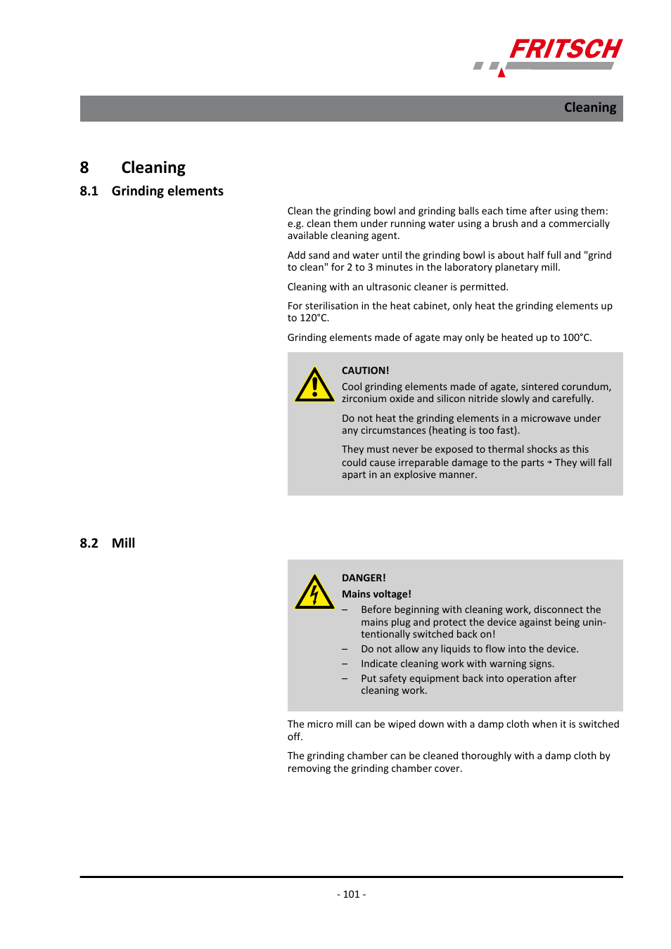 8 cleaning, 1 grinding elements, 2 mill | Cleaning 8.1 grinding elements 8.2 mill, 8cleaning | FRITSCH PULVERISETTE 7 premium line User Manual | Page 101 / 112