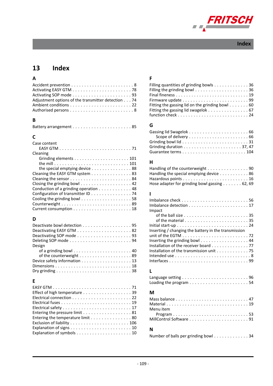 13 index, Index | FRITSCH PULVERISETTE 7 premium line User Manual | Page 109 / 112