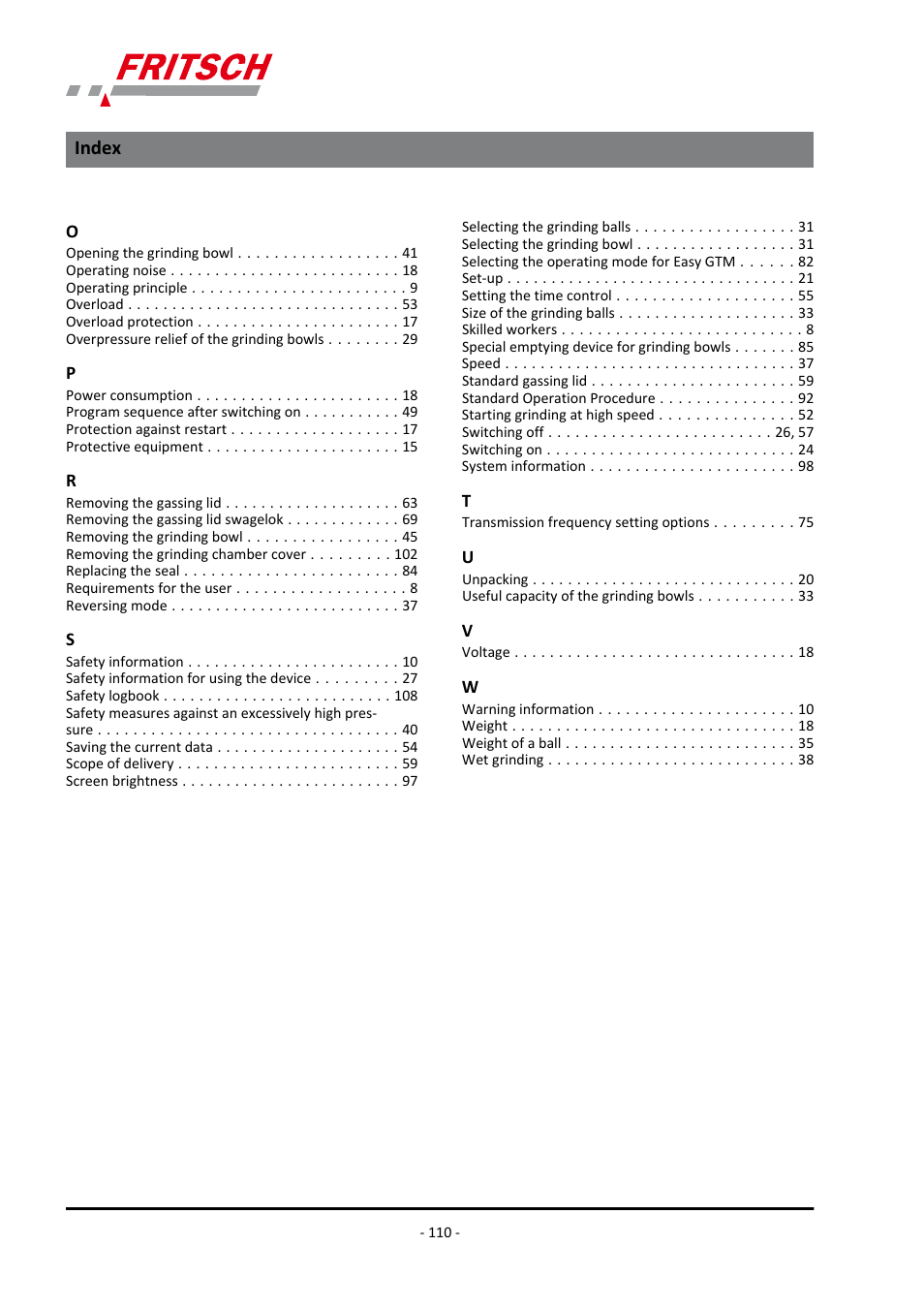 Index | FRITSCH PULVERISETTE 7 premium line User Manual | Page 110 / 112