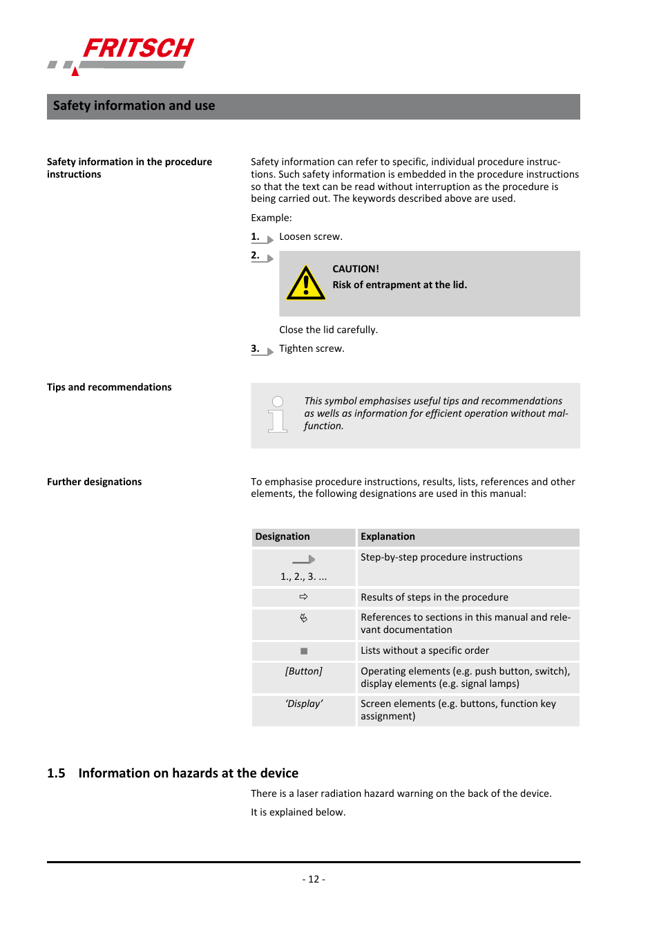 5 information on hazards at the device, Safety information and use | FRITSCH PULVERISETTE 7 premium line User Manual | Page 12 / 112