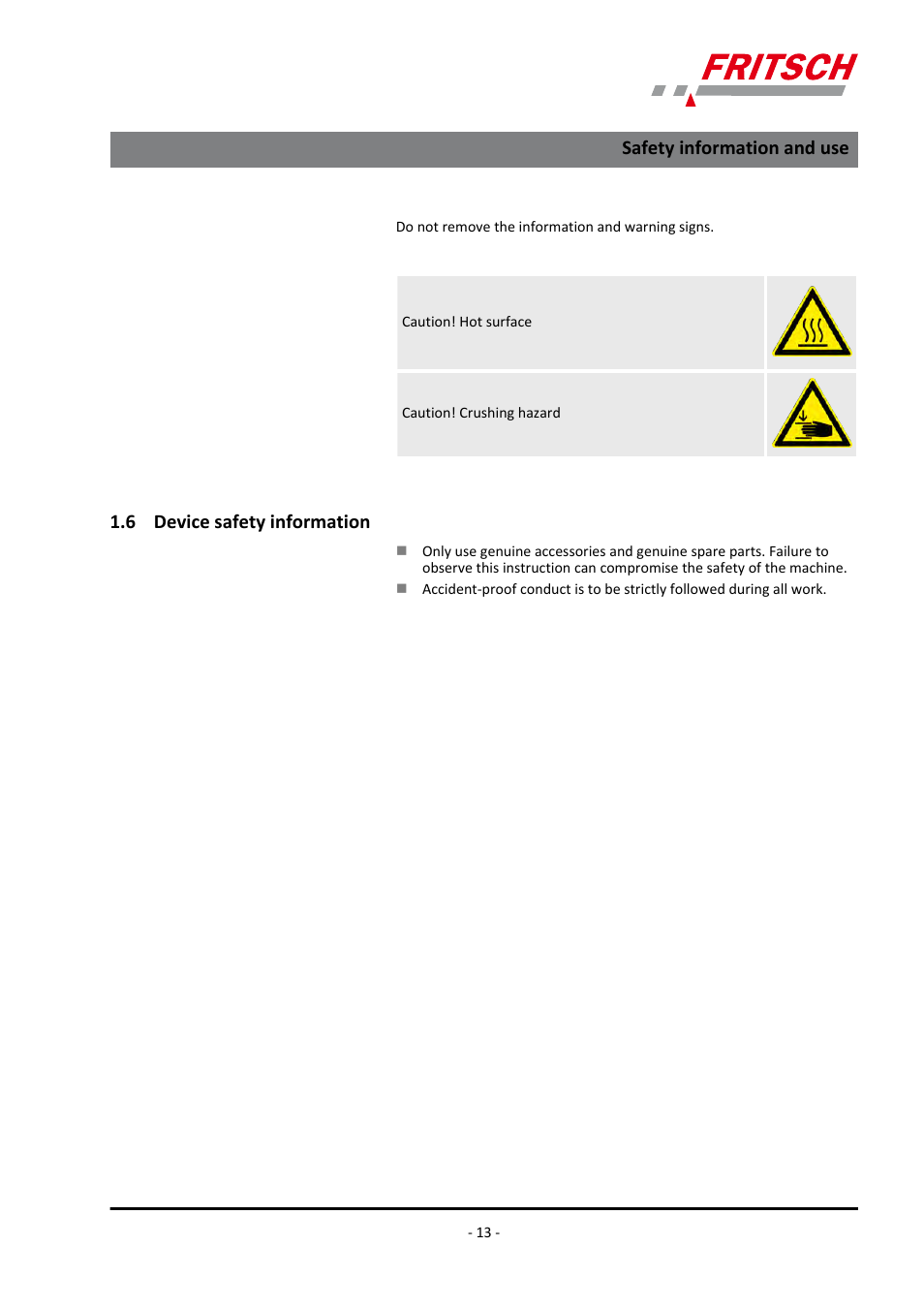 6 device safety information, Safety information and use | FRITSCH PULVERISETTE 7 premium line User Manual | Page 13 / 112