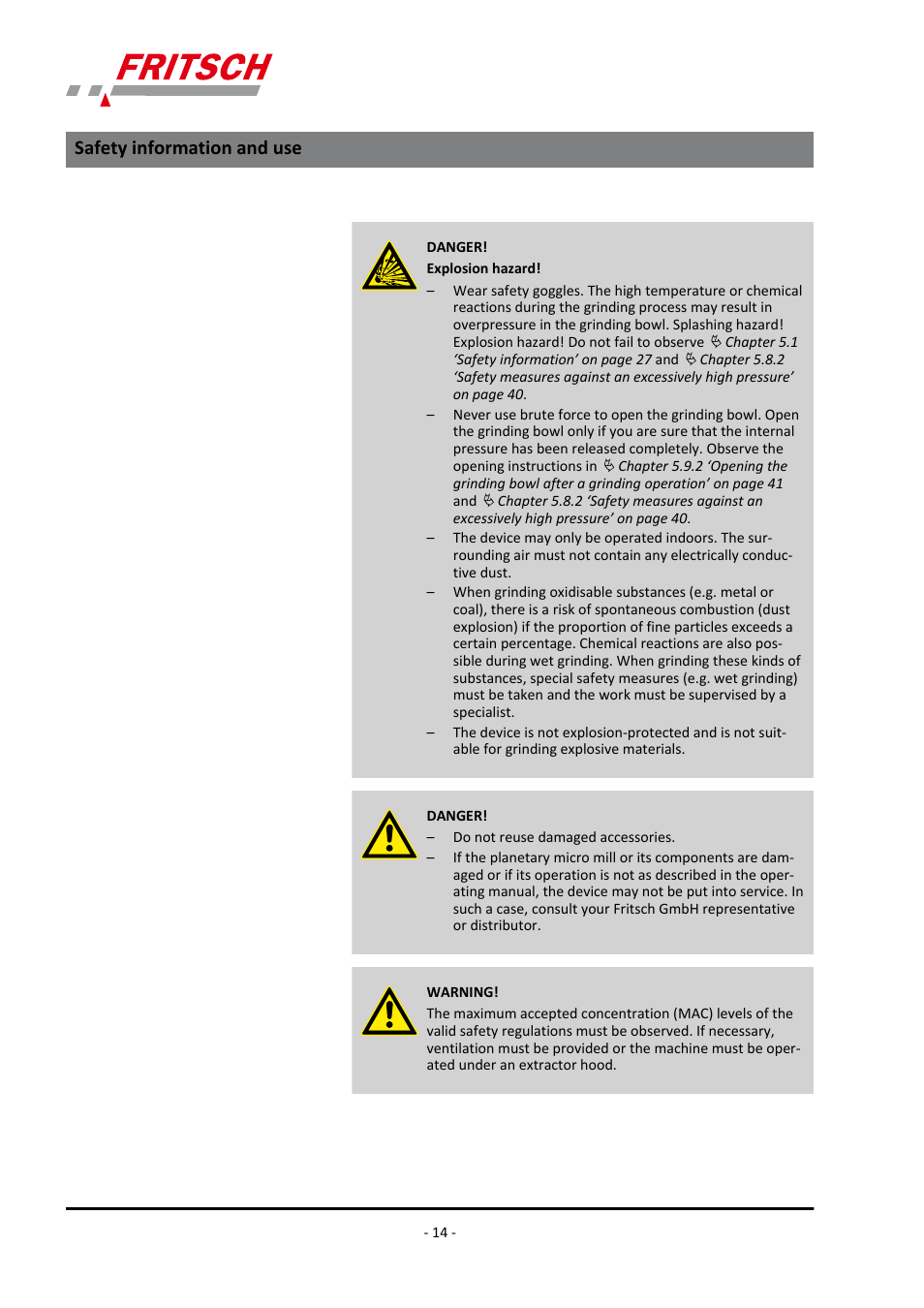 Safety information and use | FRITSCH PULVERISETTE 7 premium line User Manual | Page 14 / 112