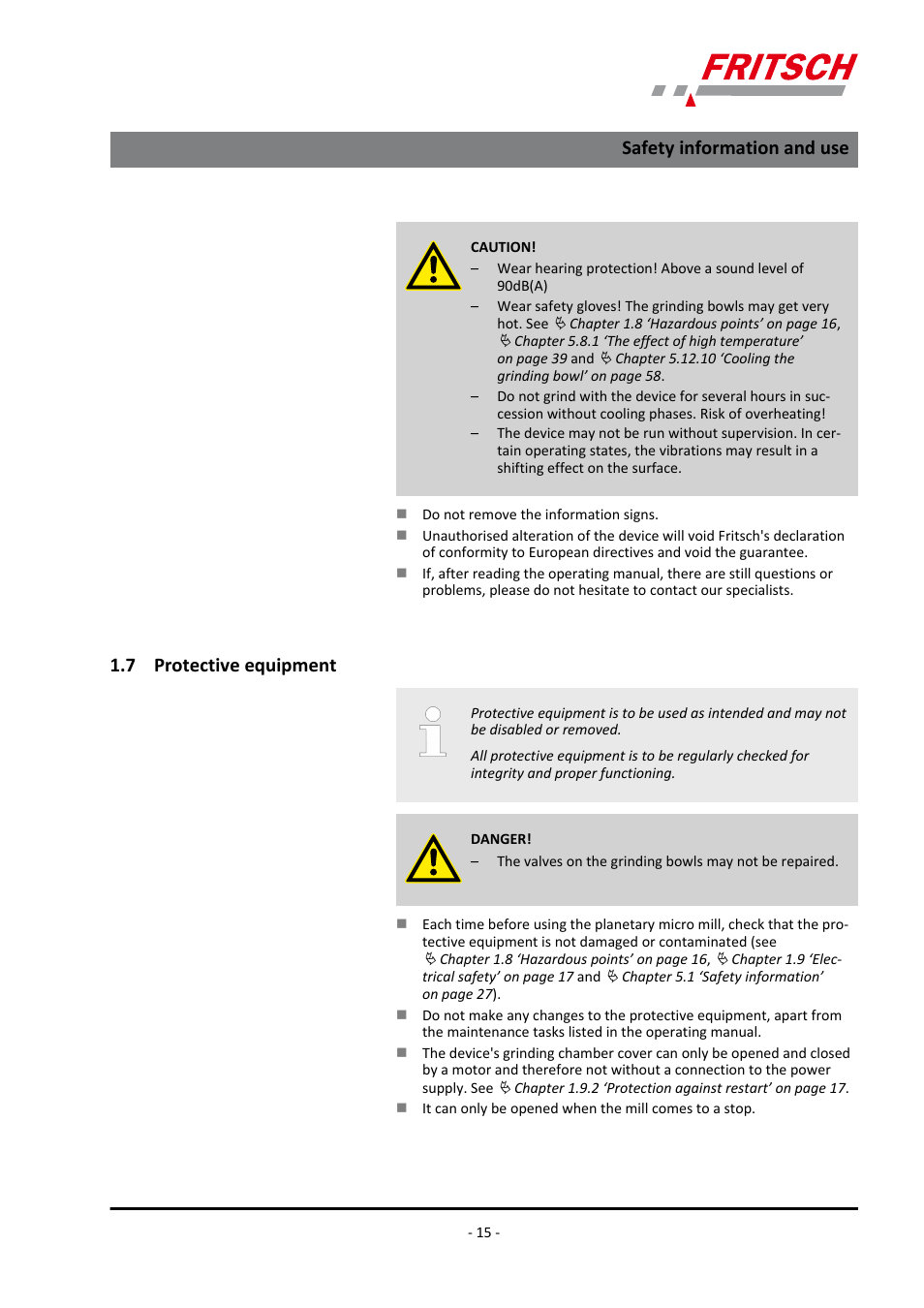 7 protective equipment, Safety information and use | FRITSCH PULVERISETTE 7 premium line User Manual | Page 15 / 112