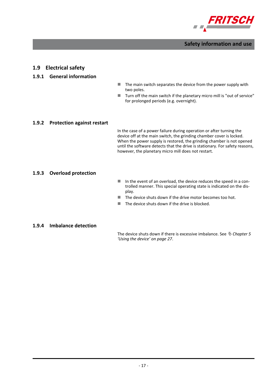 9 electrical safety, 1 general information, 2 protection against restart | 3 overload protection, 4 imbalance detection, Ä chapter 1.9 ‘elec, Safety information and use | FRITSCH PULVERISETTE 7 premium line User Manual | Page 17 / 112