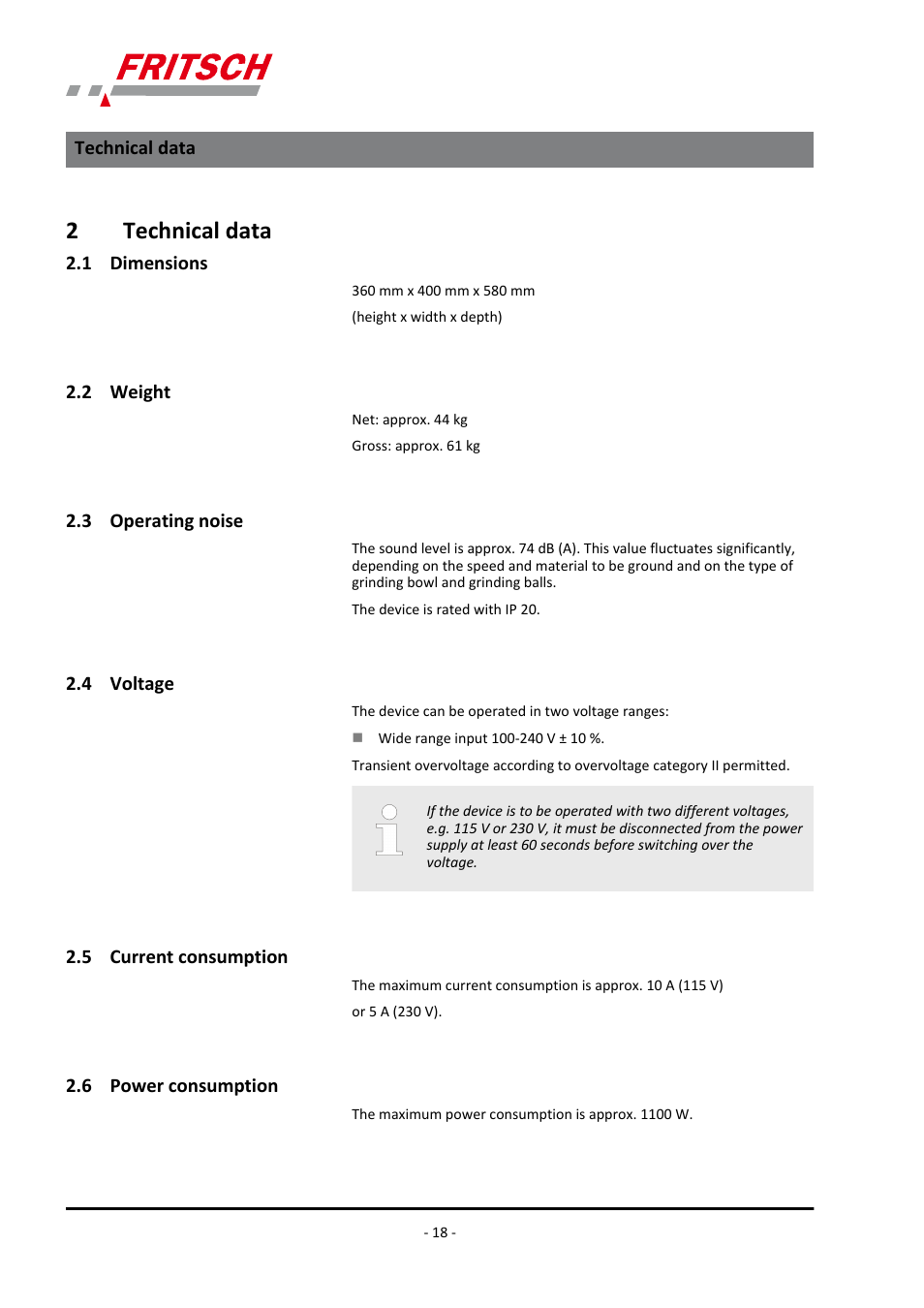 2 technical data, 1 dimensions, 2 weight | 3 operating noise, 4 voltage, 5 current consumption, 6 power consumption, 2technical data | FRITSCH PULVERISETTE 7 premium line User Manual | Page 18 / 112