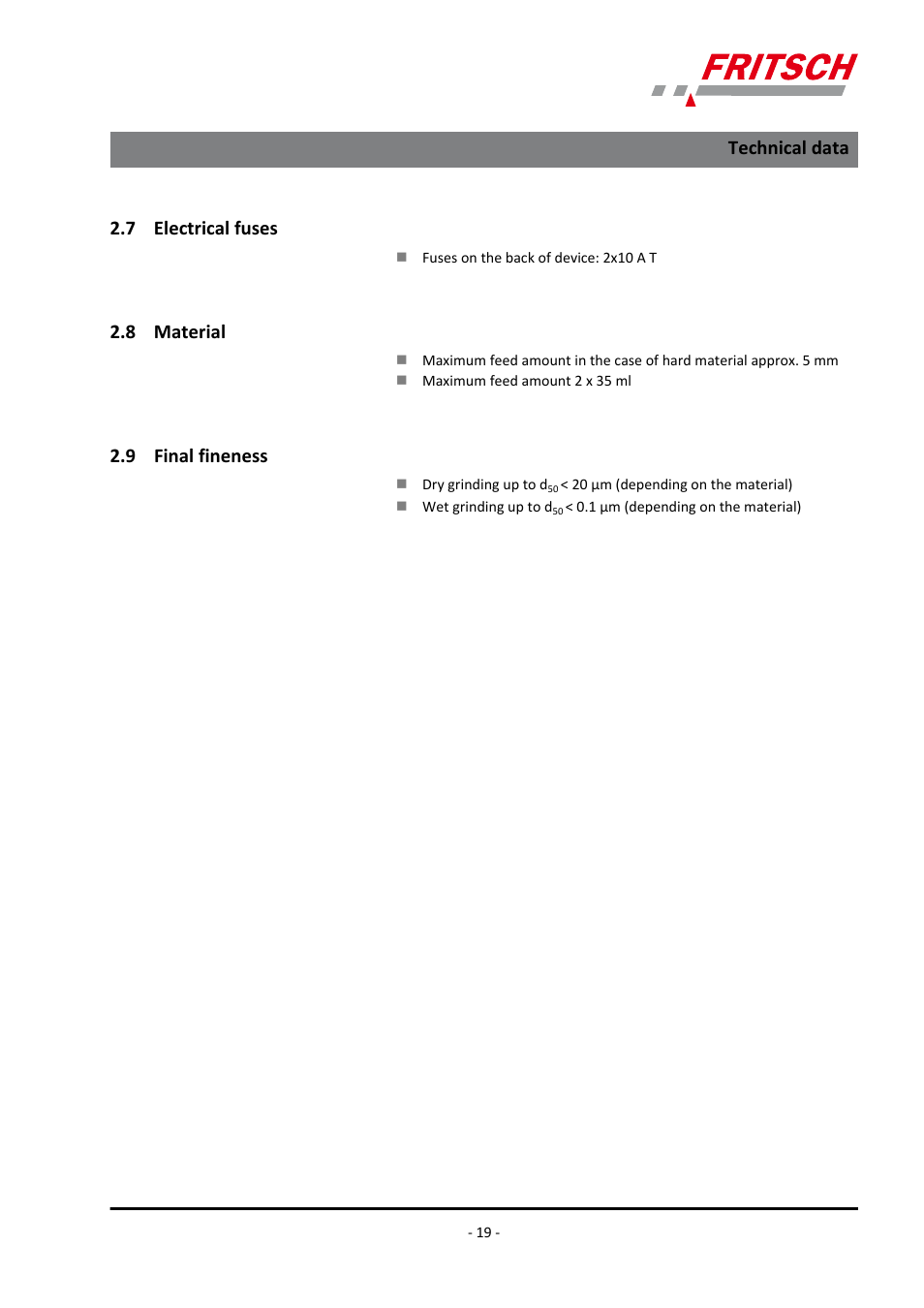 7 electrical fuses, 8 material, 9 final fineness | 7 electrical fuses 2.8 material 2.9 final fineness, Technical data | FRITSCH PULVERISETTE 7 premium line User Manual | Page 19 / 112