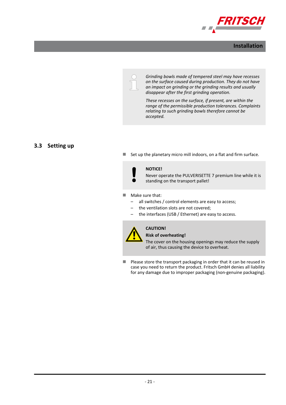 3 setting up, Installation | FRITSCH PULVERISETTE 7 premium line User Manual | Page 21 / 112