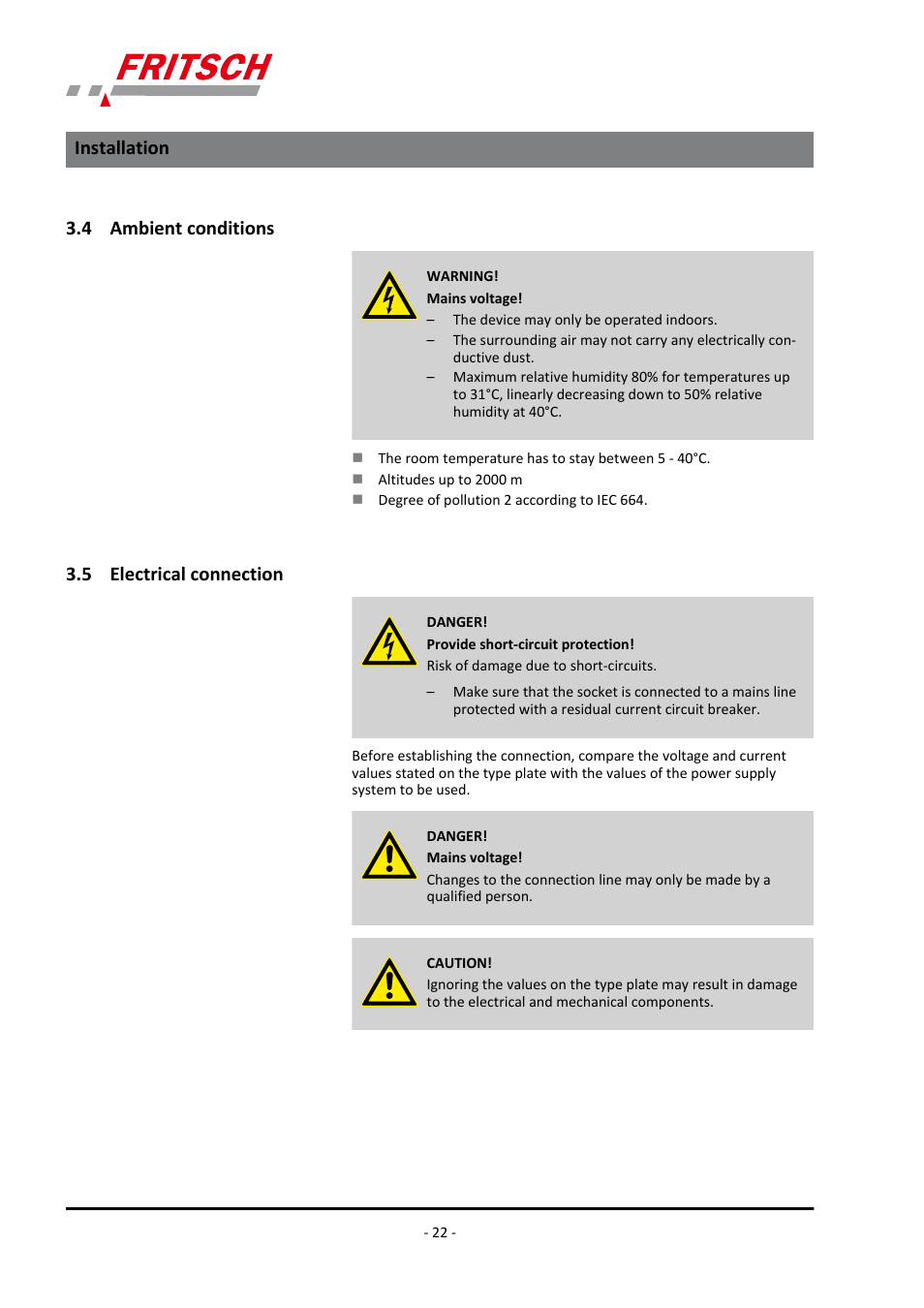 4 ambient conditions, 5 electrical connection, 4 ambient conditions 3.5 electrical connection | Installation | FRITSCH PULVERISETTE 7 premium line User Manual | Page 22 / 112