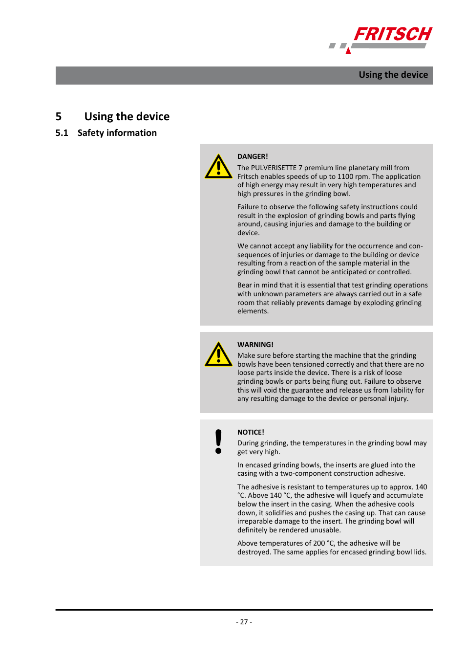 5 using the device, 1 safety information, Using the device 5.1 safety information | Ä chapter 5.1 ‘safety information, 5using the device | FRITSCH PULVERISETTE 7 premium line User Manual | Page 27 / 112