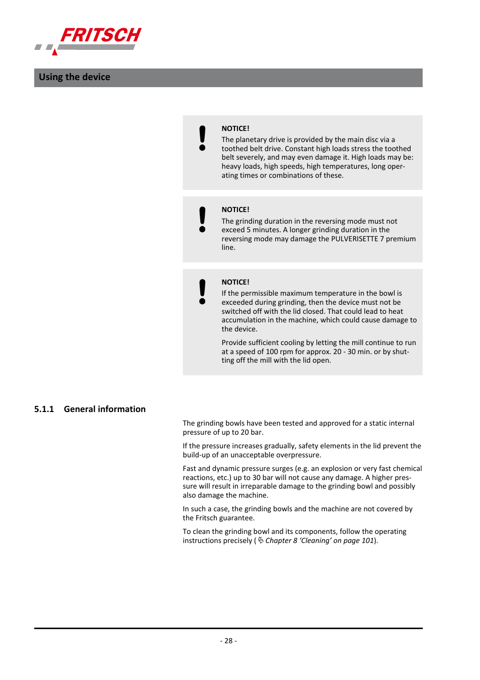 1 general information, Using the device | FRITSCH PULVERISETTE 7 premium line User Manual | Page 28 / 112