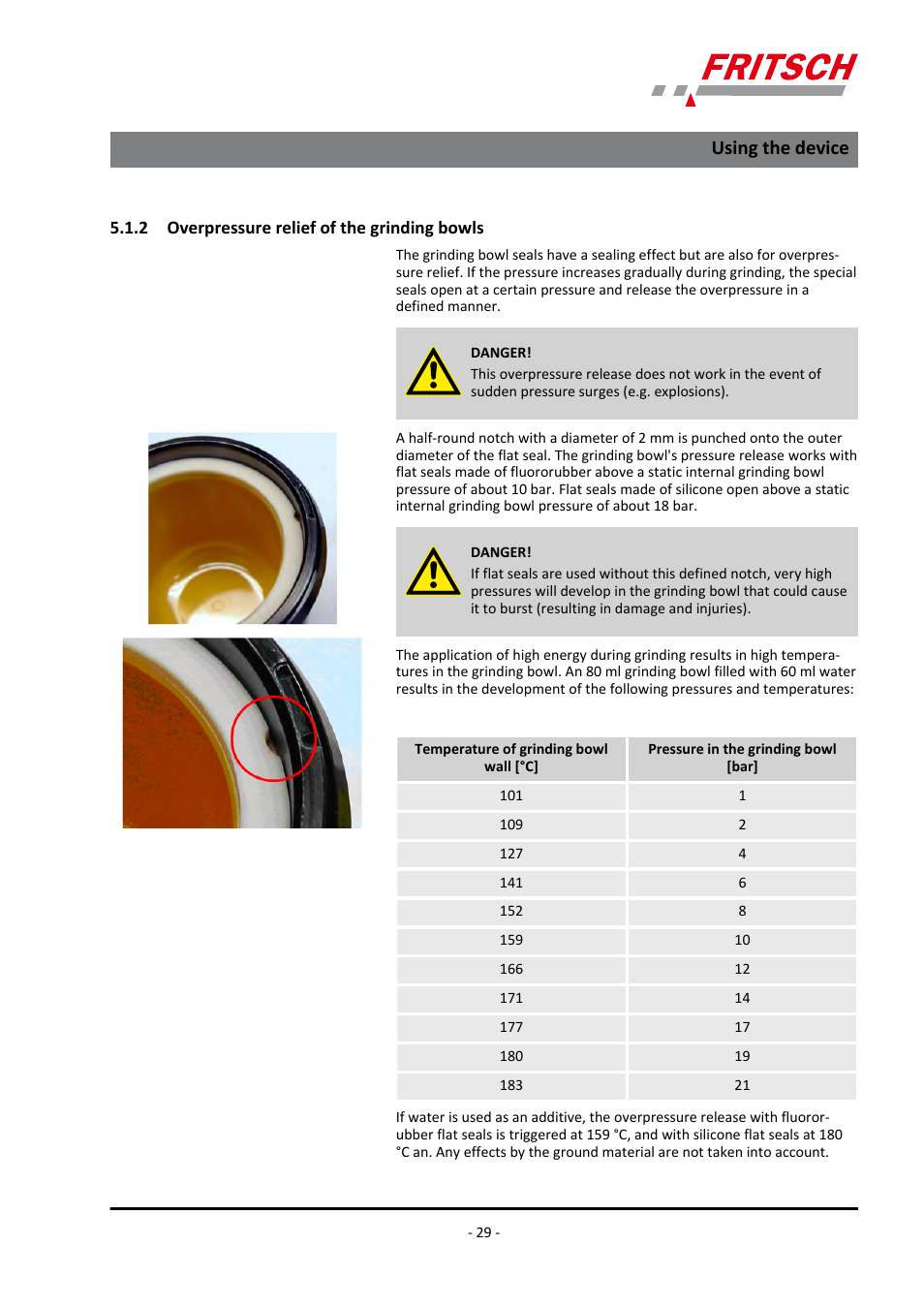 2 overpressure relief of the grinding bowls, Using the device | FRITSCH PULVERISETTE 7 premium line User Manual | Page 29 / 112