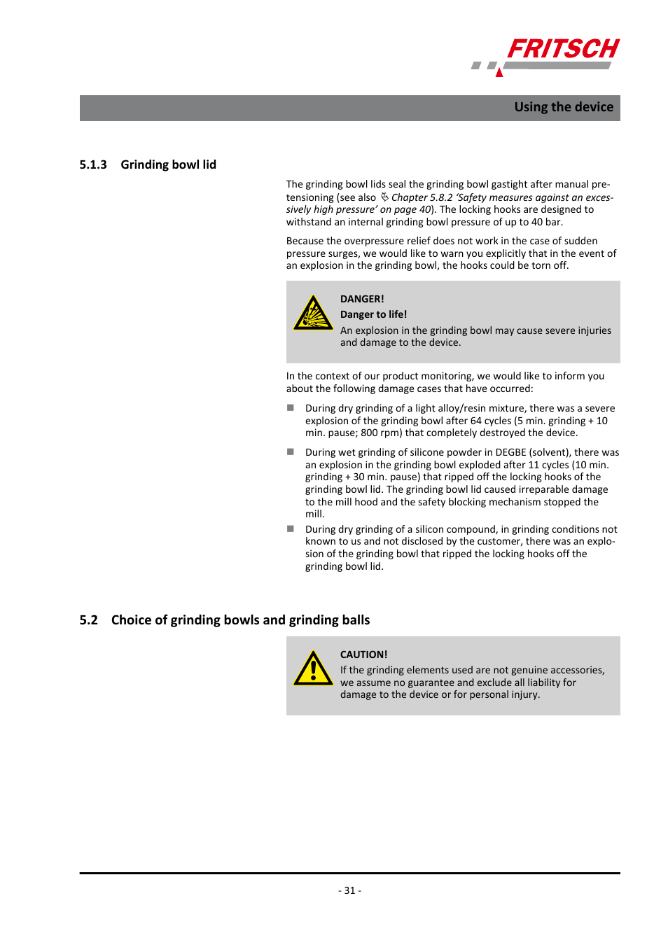 3 grinding bowl lid, 2 choice of grinding bowls and grinding balls, Using the device | FRITSCH PULVERISETTE 7 premium line User Manual | Page 31 / 112