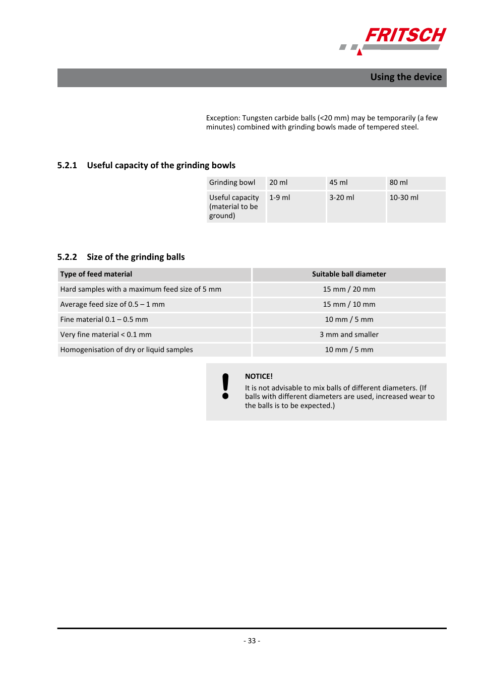 1 useful capacity of the grinding bowls, 2 size of the grinding balls, Using the device | FRITSCH PULVERISETTE 7 premium line User Manual | Page 33 / 112