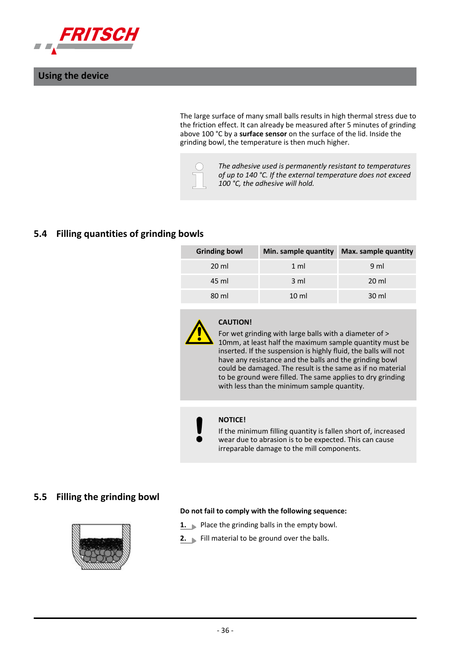 4 filling quantities of grinding bowls, 5 filling the grinding bowl, Using the device | FRITSCH PULVERISETTE 7 premium line User Manual | Page 36 / 112