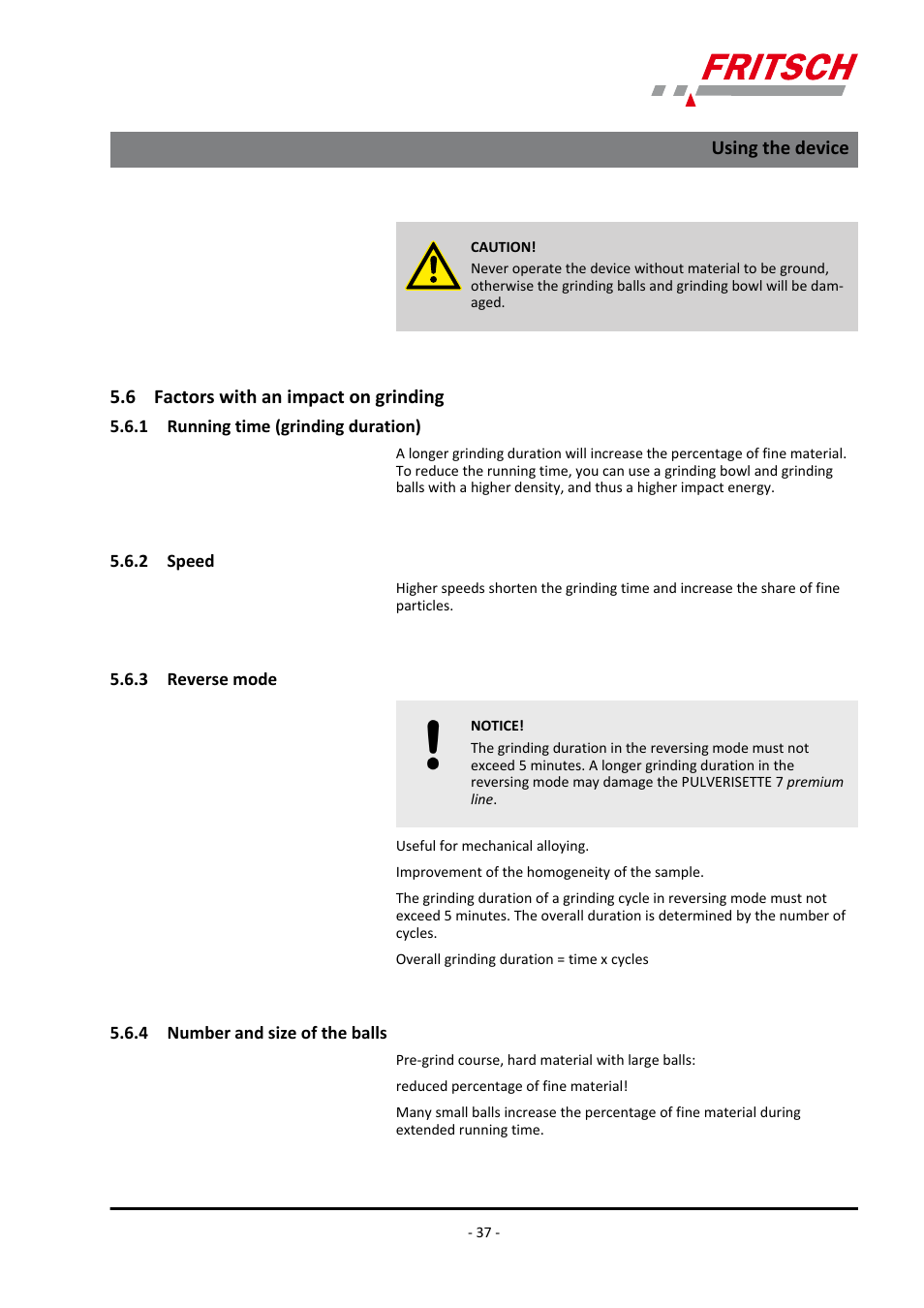 6 factors with an impact on grinding, 1 running time (grinding duration), 2 speed | 3 reverse mode, 4 number and size of the balls | FRITSCH PULVERISETTE 7 premium line User Manual | Page 37 / 112