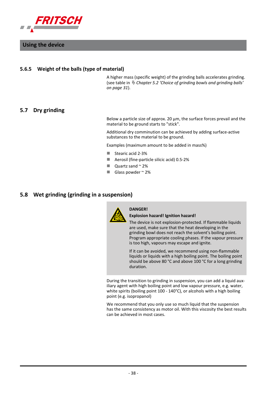 5 weight of the balls (type of material), 7 dry grinding, 8 wet grinding (grinding in a suspension) | Using the device | FRITSCH PULVERISETTE 7 premium line User Manual | Page 38 / 112