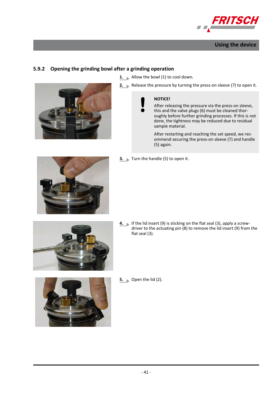 Ä chapter 5.9.2 ‘opening the, Using the device | FRITSCH PULVERISETTE 7 premium line User Manual | Page 41 / 112