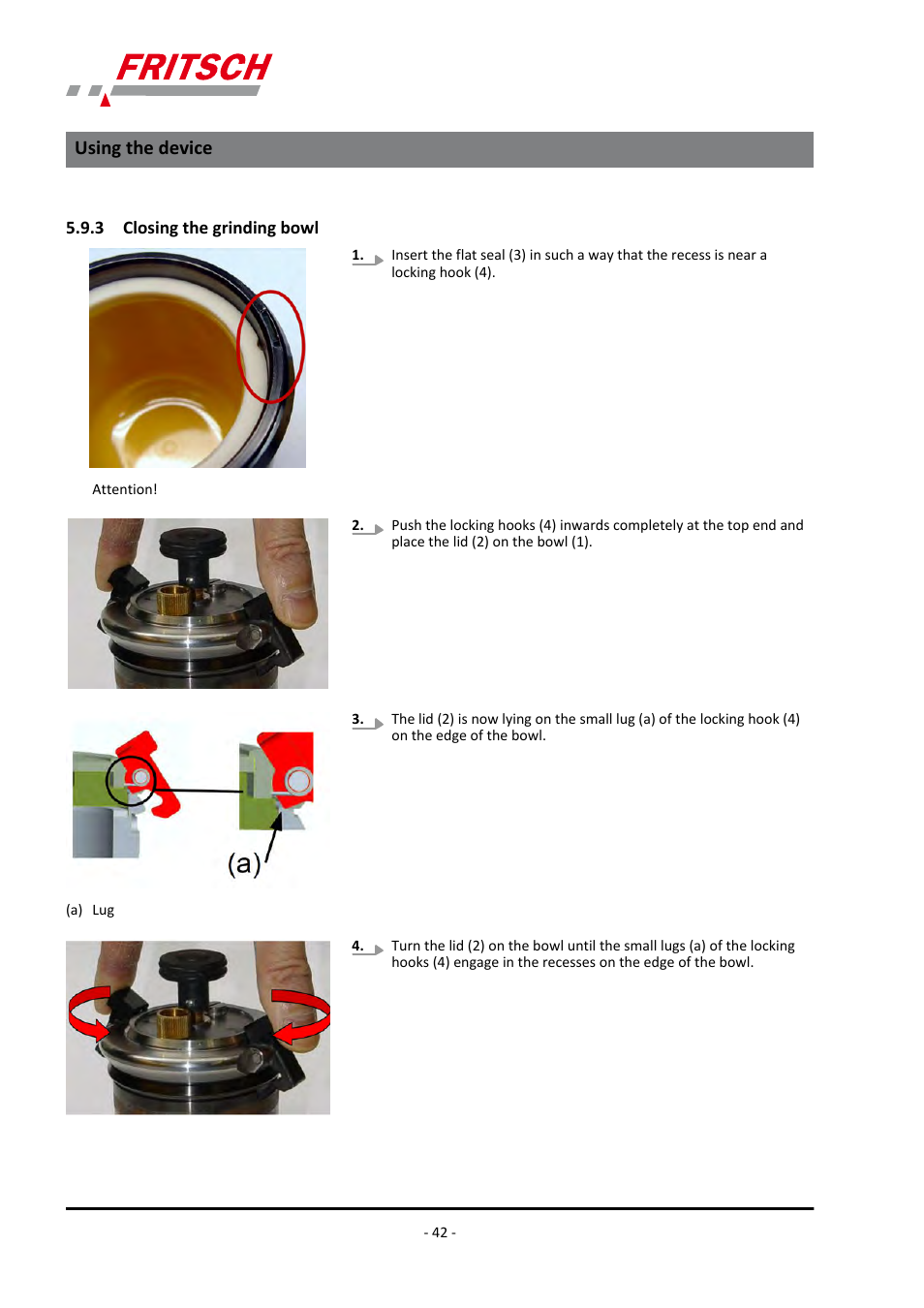 3 closing the grinding bowl, Using the device | FRITSCH PULVERISETTE 7 premium line User Manual | Page 42 / 112