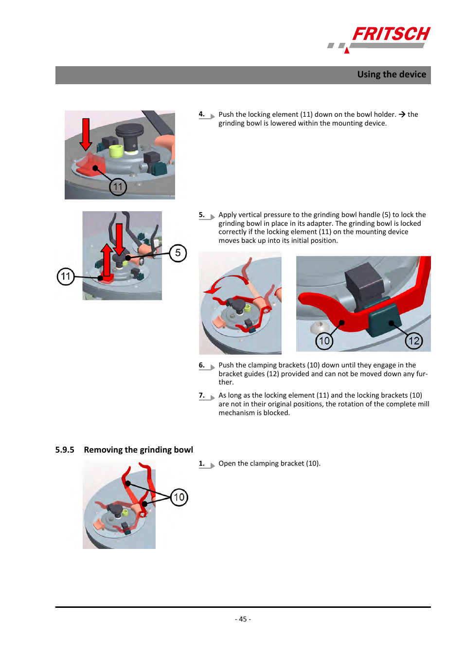 5 removing the grinding bowl, Using the device | FRITSCH PULVERISETTE 7 premium line User Manual | Page 45 / 112