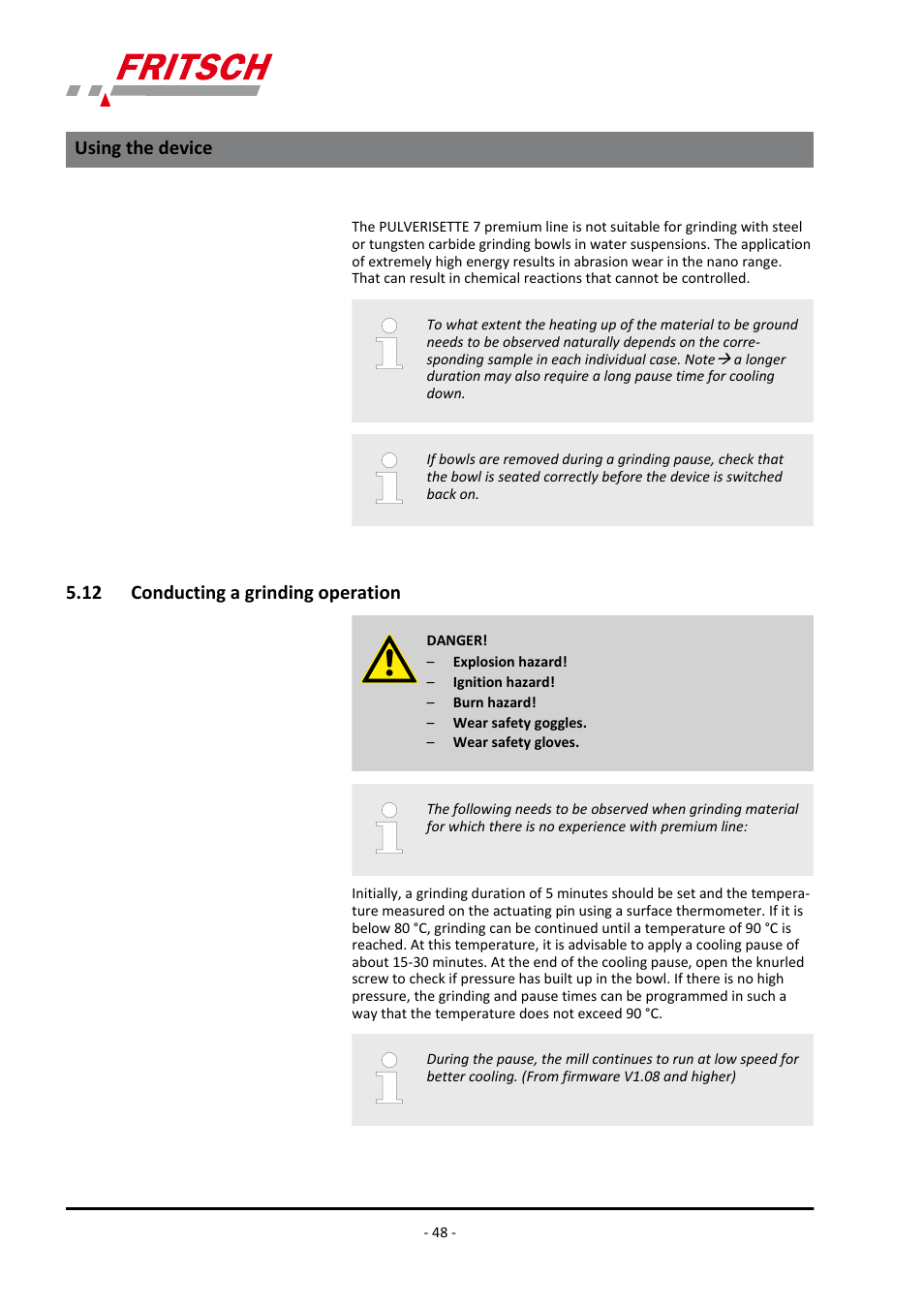 12 conducting a grinding operation, Using the device | FRITSCH PULVERISETTE 7 premium line User Manual | Page 48 / 112