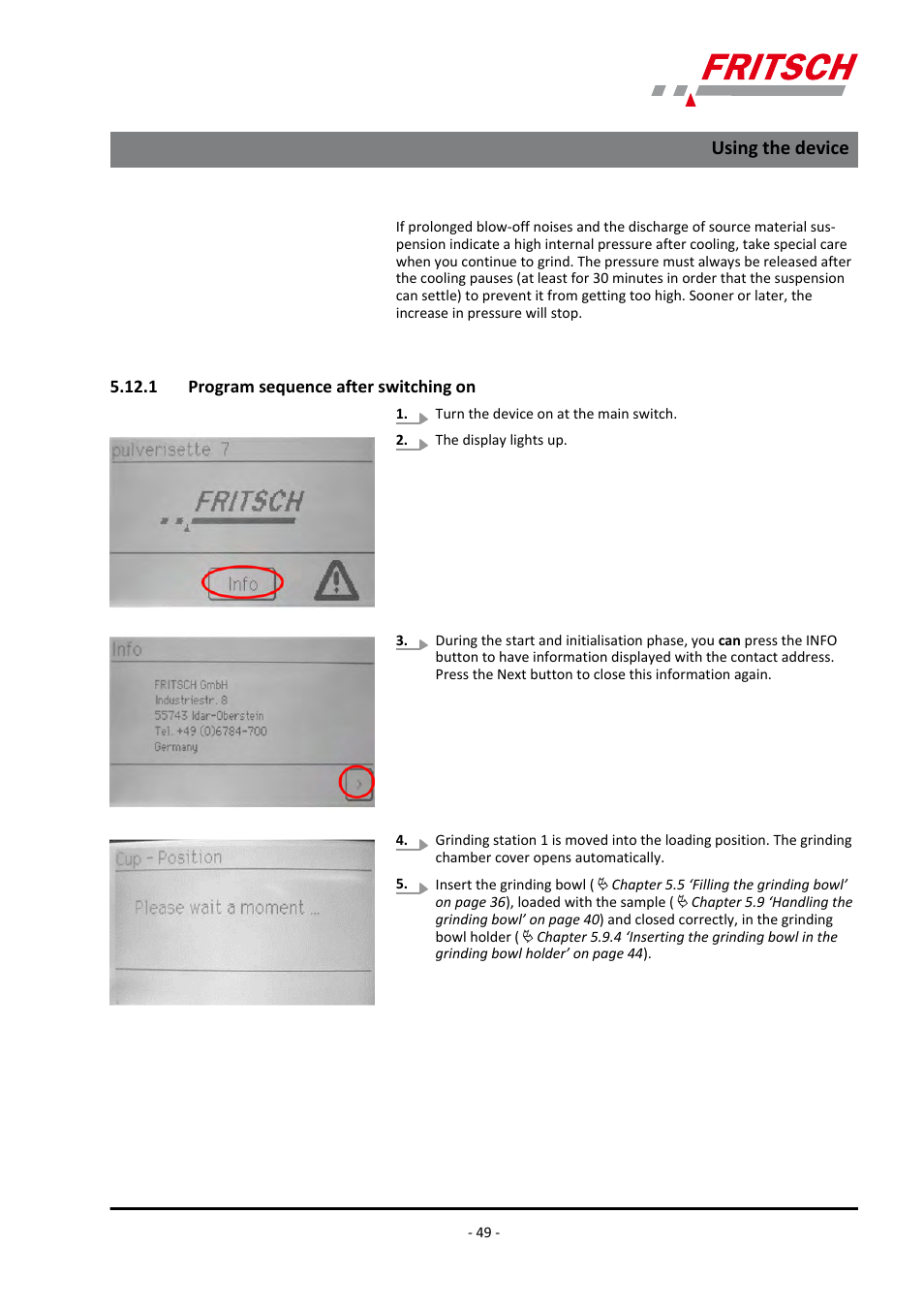 1 program sequence after switching on, Using the device | FRITSCH PULVERISETTE 7 premium line User Manual | Page 49 / 112