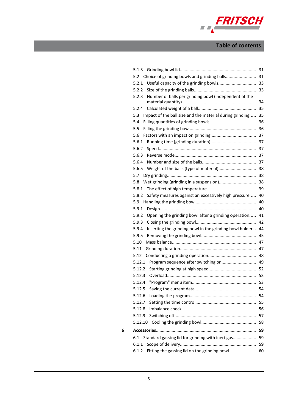 FRITSCH PULVERISETTE 7 premium line User Manual | Page 5 / 112