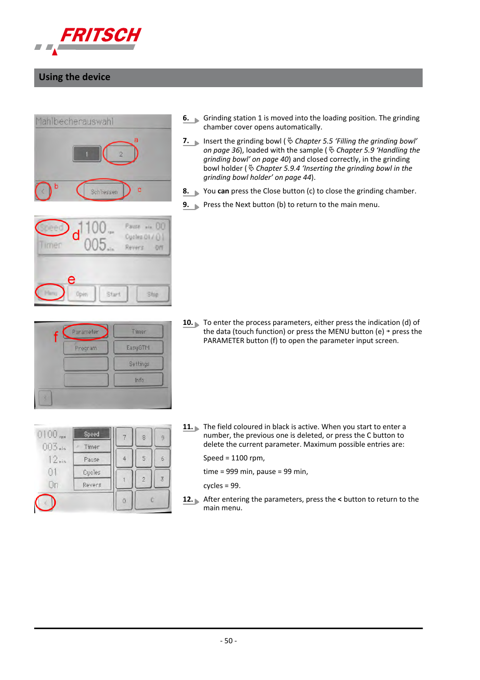 Using the device | FRITSCH PULVERISETTE 7 premium line User Manual | Page 50 / 112